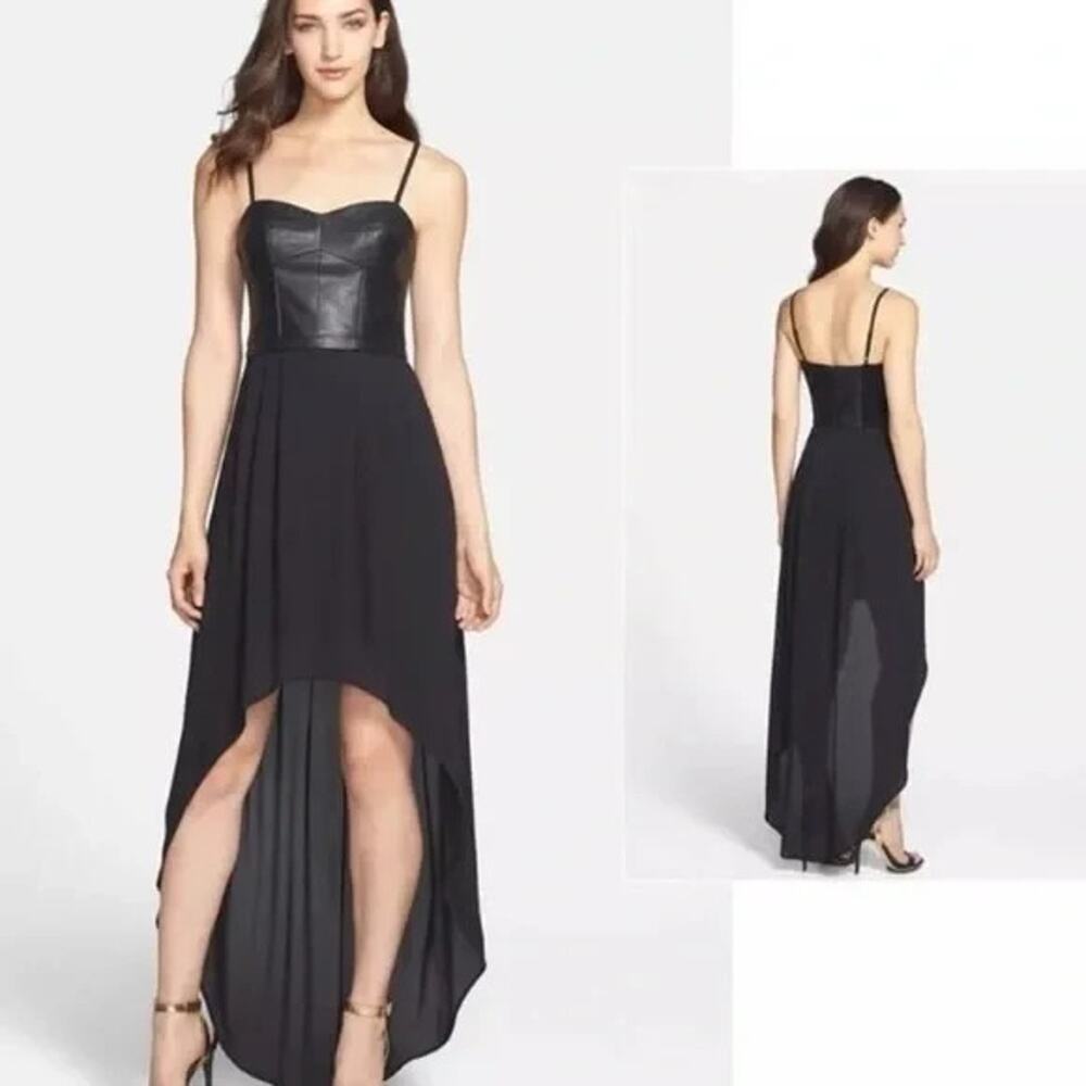 BCBGMAXAZRIA Dress Womens XXS‎ Black Leandra Faux Leather Corset Hi Low Cocktail